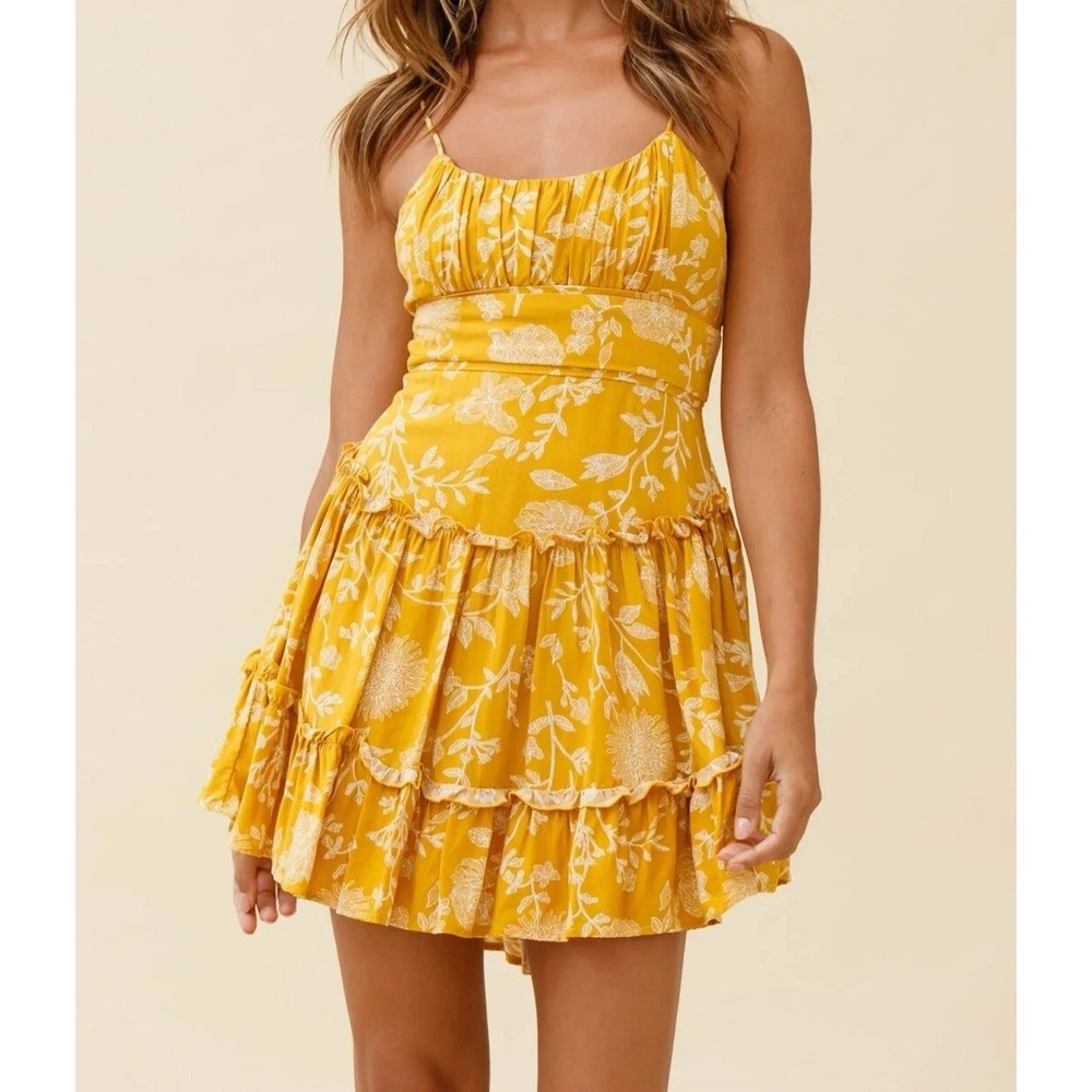 ANGEL BIBA Dress Womens S Yellow Lined Tiered Flutter Swing BOHO Peasant Beachy